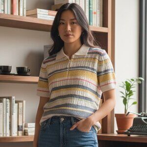 Alfred Dunner Petite Medium Striped Knit Zip Collar Top